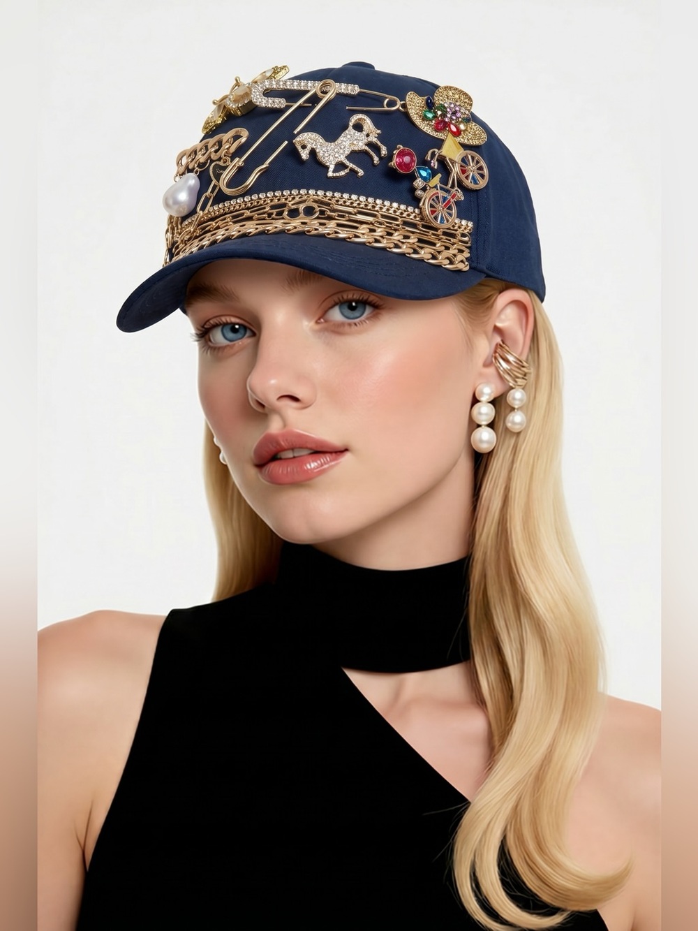 Upcycled GOLD Embellished chain and brooch black snap back hat